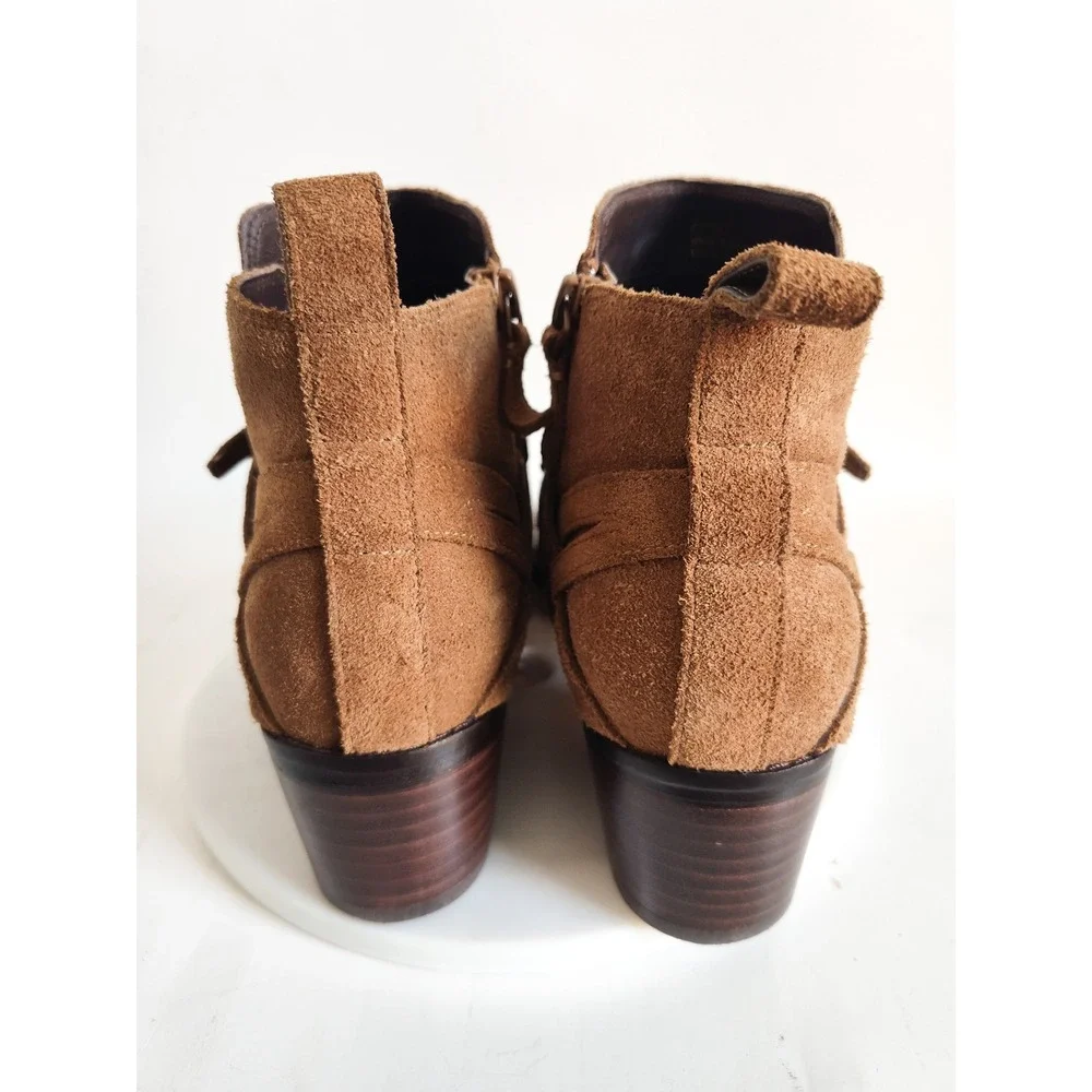 Cole Haan Ankle‎ Boots Size 7.5 Camel Tan Suede Leather Sole Belted Preppy Chic